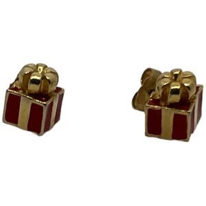 Festive Gold-Tone Red Enamel Present Box Post Earrings Holiday Gift Design